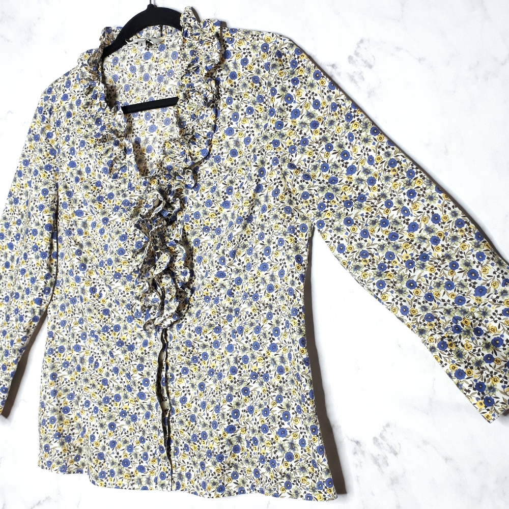 LOFT Ruffle Collar Blouse Floral Top Hidden Button